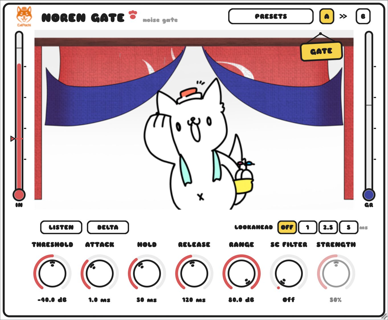 Noren Gateの画面。暖簾の下に猫が立ち、Threshold、Attack、Hold、Release、Rangeなどのノブが並ぶ